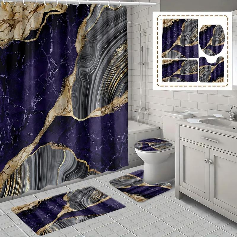 Marble Pattern Bathroom Accessories, 1 Set Including Shower Curtain with 12 Hooks, U-shaped Mat, Toilet Lid Cover Pad and Rectangular Mat 0
