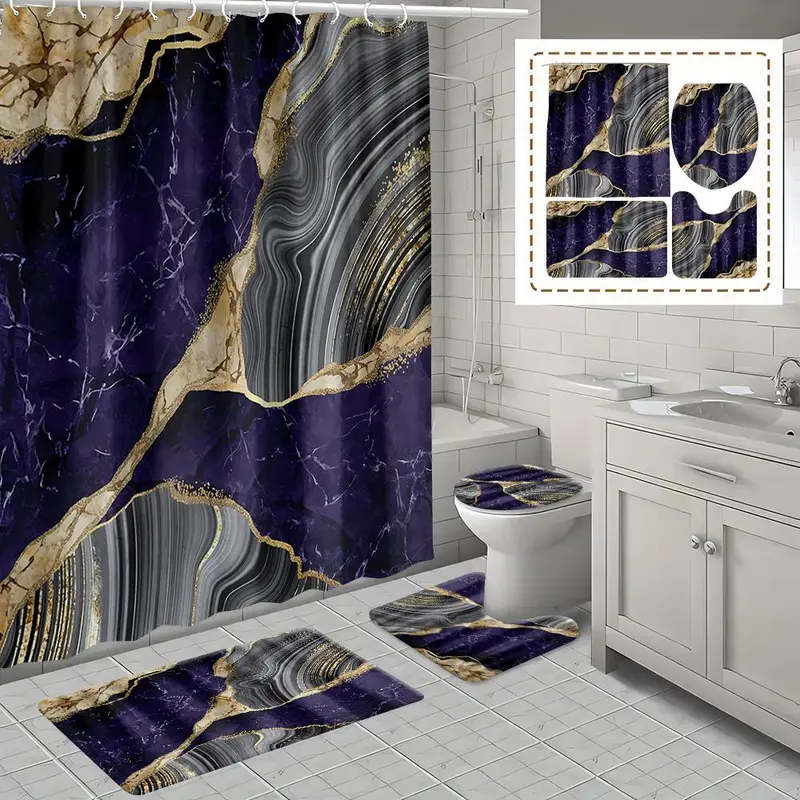 Marble Pattern Bathroom Accessories, 1 Set Including Shower Curtain with 12 Hooks, U-shaped Mat, Toilet Lid Cover Pad and Rectangular Mat 0