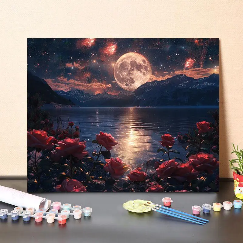 Moon Landscape Pattern Oil Painting Kit without Frame, DIY Acrylic Paint Painting Kit by Numbers, DIY Painting Supplies for Beginner Adults 2