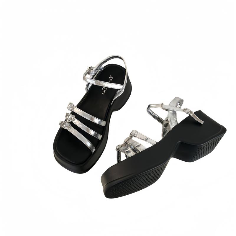 Sandal nữ quay phối đá hình trái tim ,tròn ,đế độn 7p (425-5E),chân mỏng lùi 1 size 3