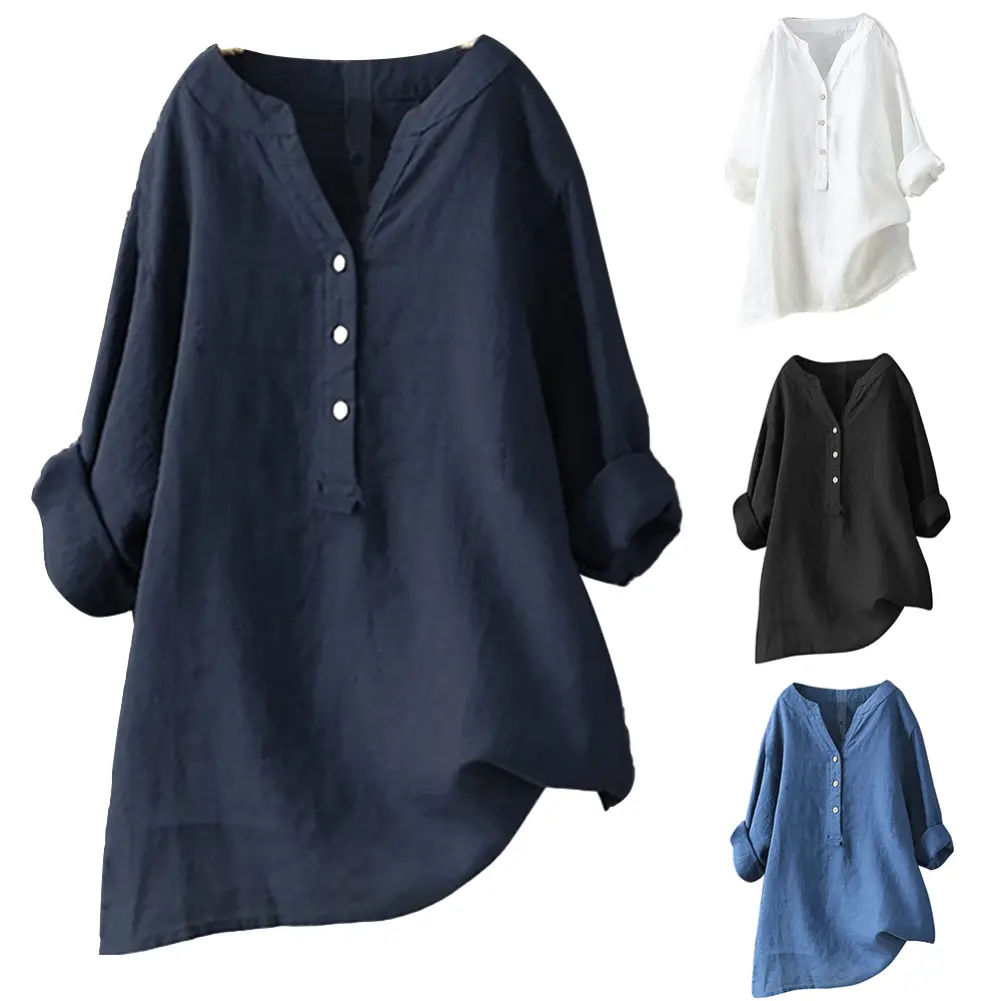 euyuxan Plus Size Women Solid Color V Neck Long Sleeve Shirt Loose Linen Blouse Top