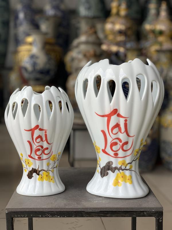  Lọ hoa bàn tay phật sứ trắng gốm Bát Tràng vẽ tài lộc trang trí decor 