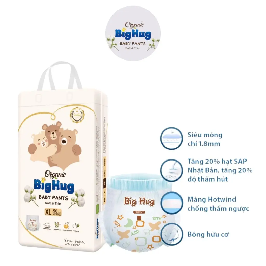 50 Miếng Tã/Bỉm quần Big Hug size M,L,XL,XXL,XXXL - Bỉm Big Hug thấm hút tốt mỏng nhẹ cho bé