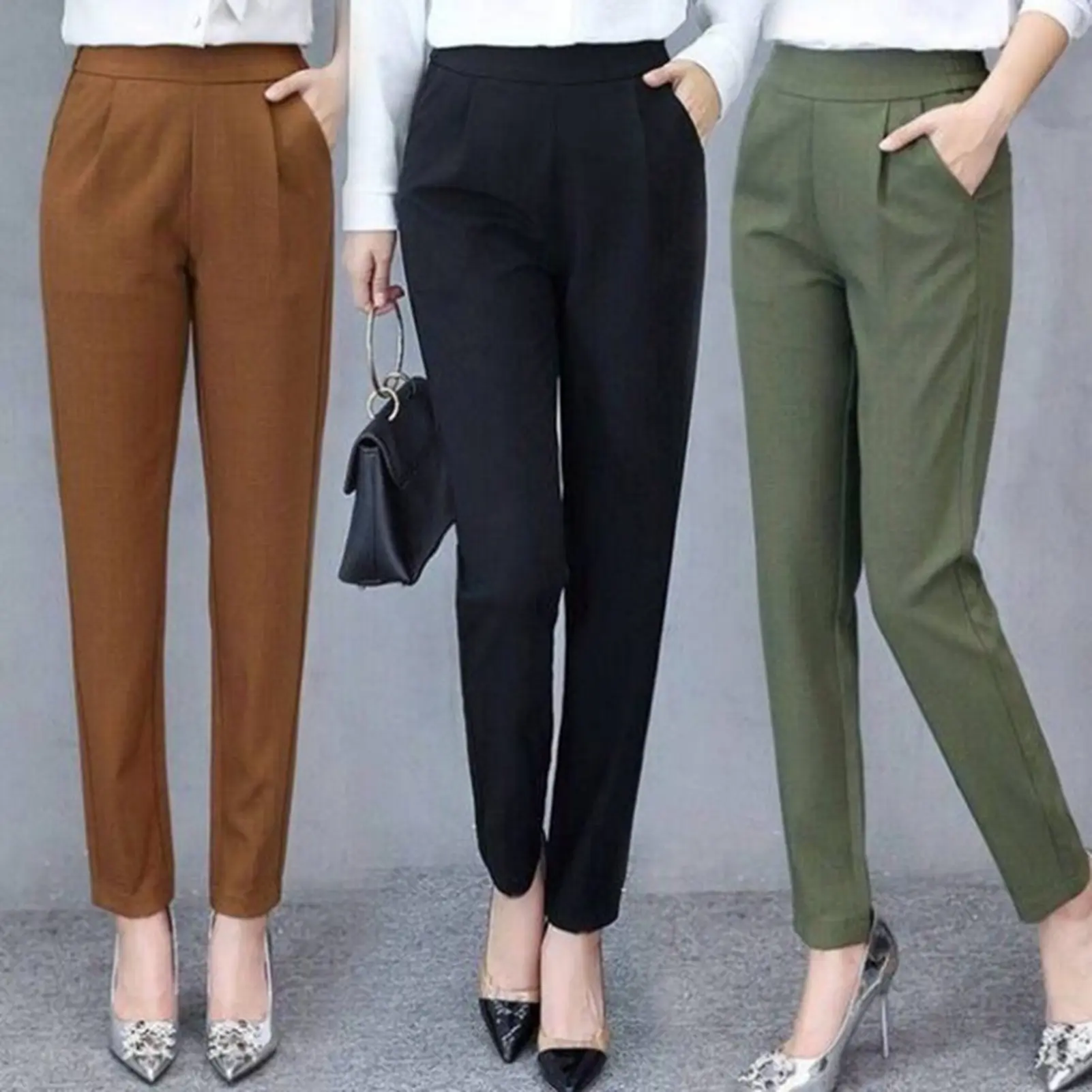 Quần Dài Nữ, Briolym, Cạp Cao Co Giãn, Màu Trơn Dáng Ôm, Có Túi, Phong Cách Đi Lại Thường Ngày Quần Nữ Công Sở