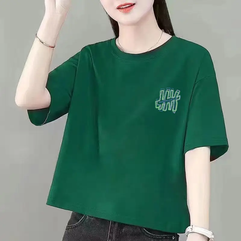 Áo Thun Ngắn, 100% Cotton, Dành Cho Nữ, Phong Cách Hàn Quốc, Dáng Rộng Vừa Vặn, Thiết Kế Ngủ Ngắn, Hàng Mới Về 2024, Áo Thun Cạp Cao 7