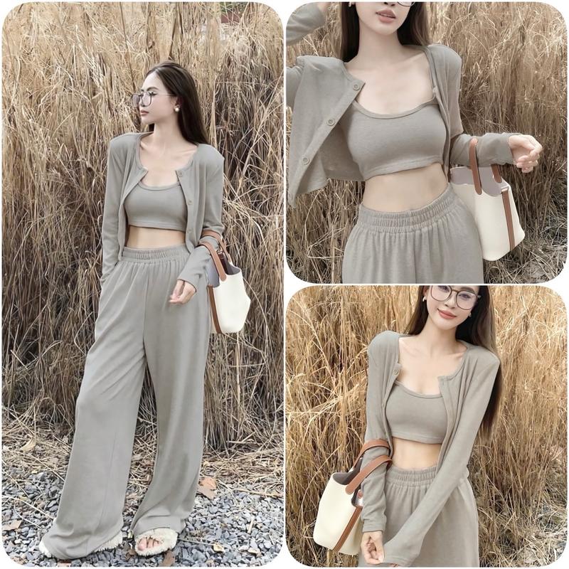 Sét Bộ Len 3 Món Gồm Áo 3 Lỗ + Áo Cardigan + Quần Suông Màu Xám