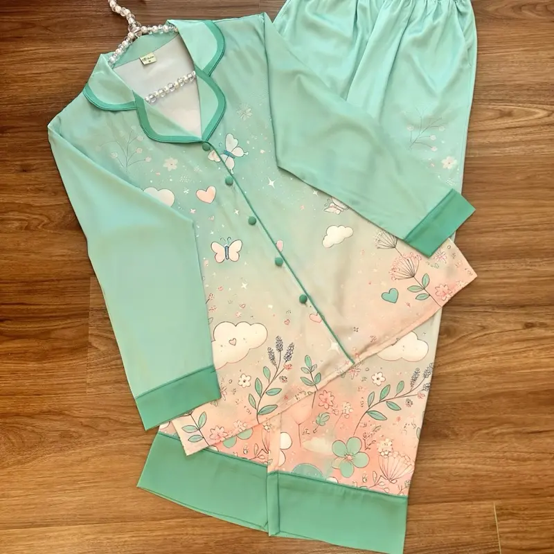 LATIN 29 (45kg-85kg) - Pijama latin lụa mịn thiết kế hoạ tiết hoạt hình phối nền xanh ngọc loang sang trọng, Tay dài tay ngắn, Nữ Women Quần Ngủ Áo Ngủ