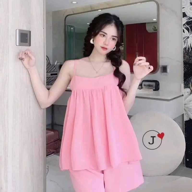 Đồ bộ pyzama hai dây [vải lụa kate] màu đen trơn 2