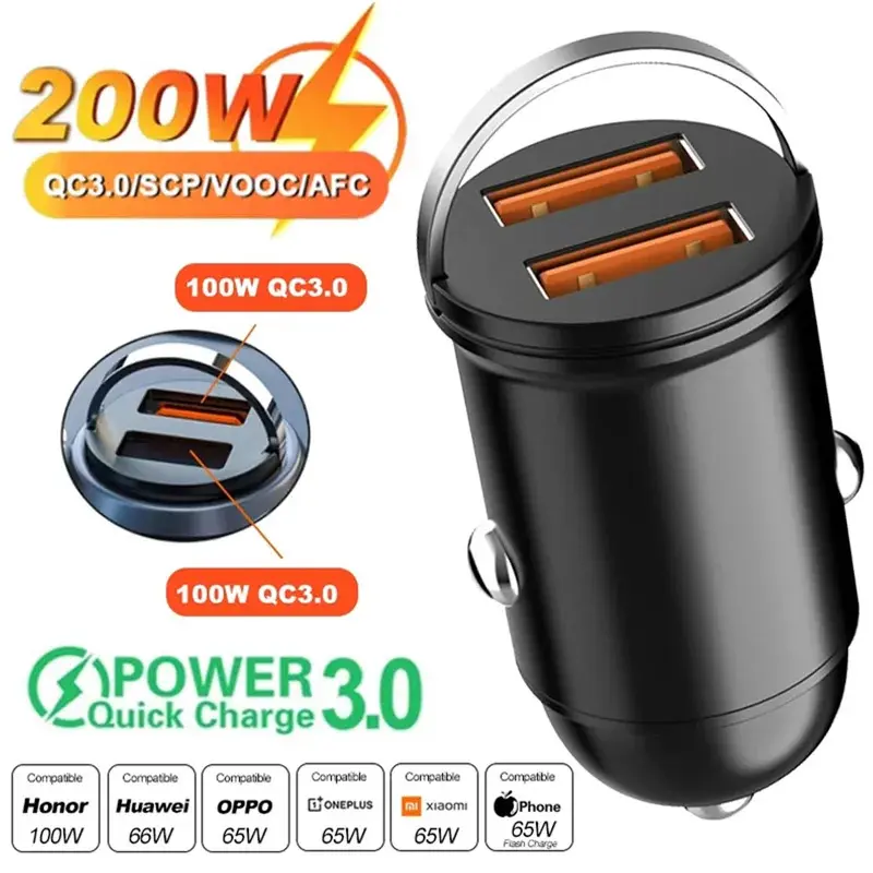 200W USB Car Charger Mini PD QC Pull Ring Fast Charging USB C Car Phone Charger Adapter For iPhone 16 15 Xiaomi Samsung Huawei