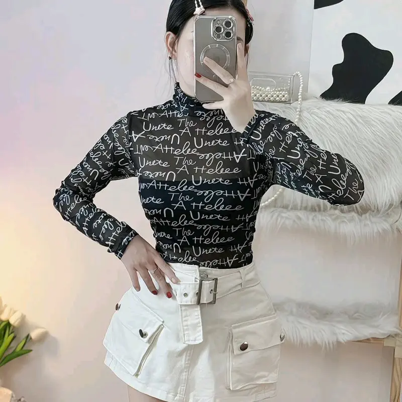 Áo lưới cổ lọ tay dài hoa văn thoải mái ôm body co giãn cho nữ - Women 4
