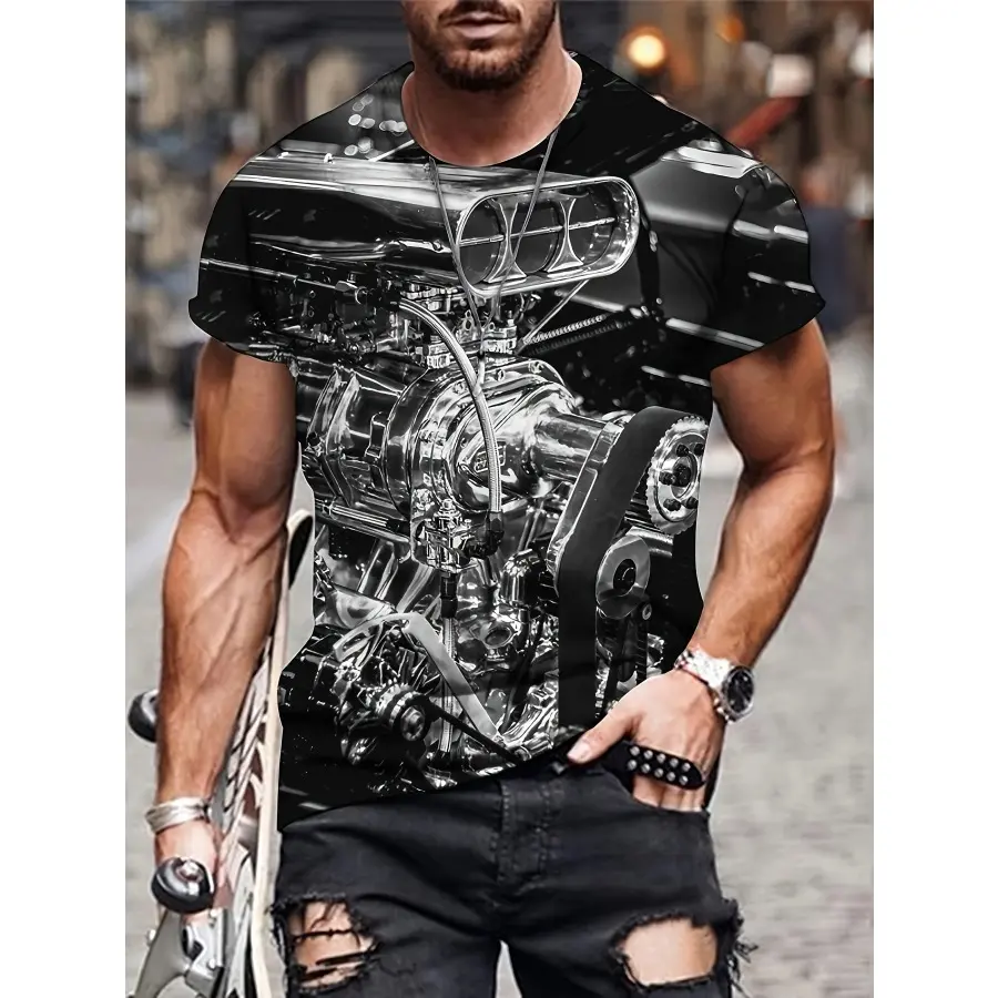 Men's 3D Motorcycle Graphic T-shirt, Casual Mid Stretch Breathable Pullover Tee For Outdoor