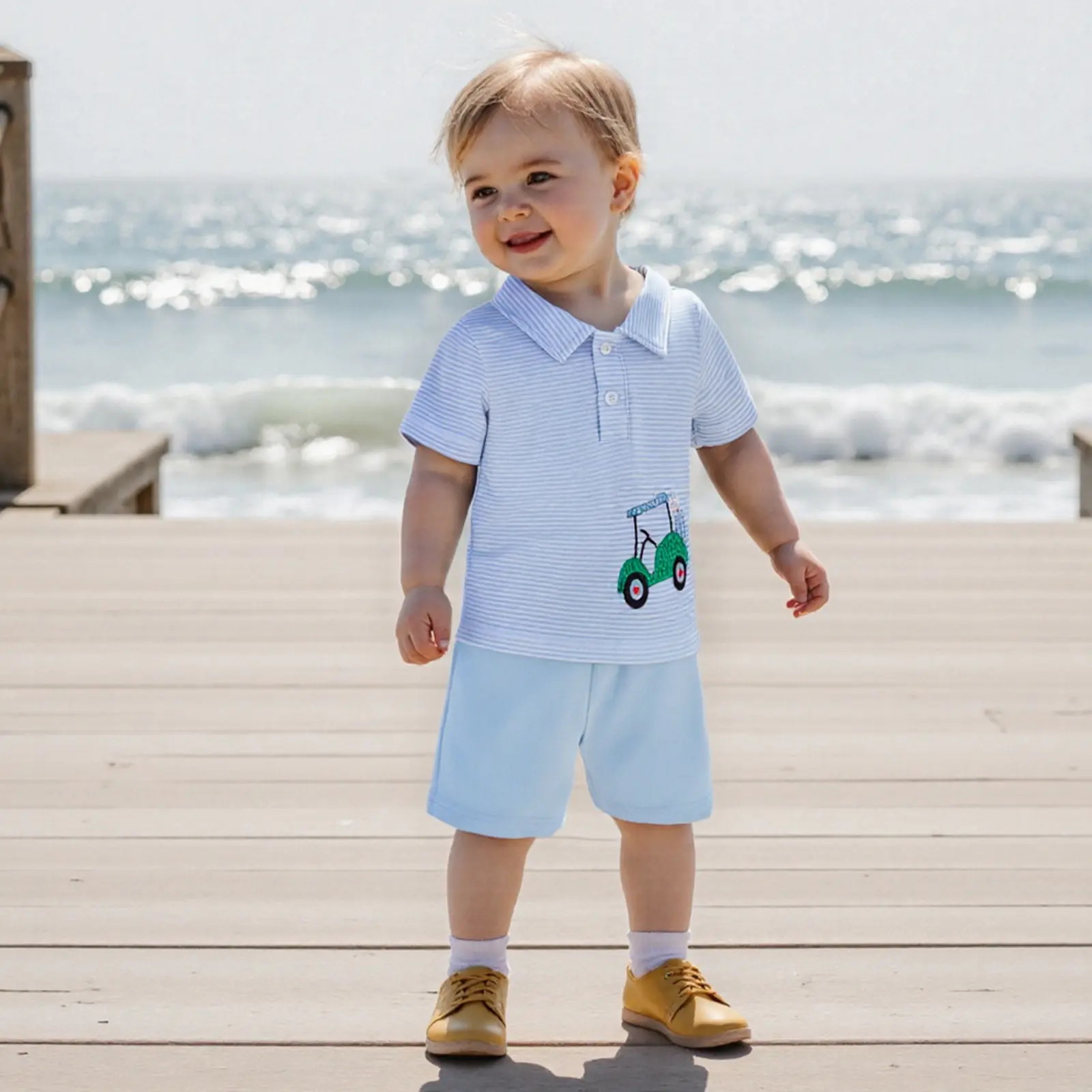 Baby Boys Shorts Set, Short Sleeve Striped Embroidery T-shirt with Elastic Waist Shorts Summer Outfit