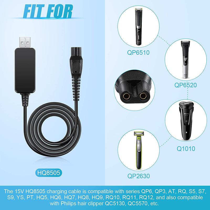 Product Introduction of 2 Pieces 15V USB One Blade HQ8505 Charger Cable Compatible with Philips Shaver Charger QP6520 QP6510 S5/ 7/9000, Aquatouch, Body 10