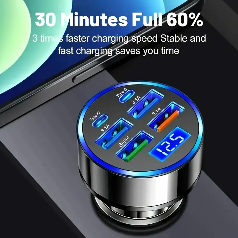 6-in-1 Fast Charger Car Adapter | QC3.0 Dual PD USB Ports, LED Display | Compatibility | 3.1A Fast Charging for Multiple Devices | Sleek Metallic Finish | Cigarette Lighter Plug | Supports 36V Vehicles 4