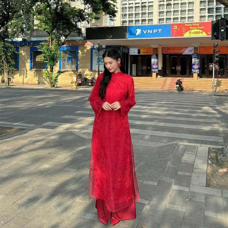 Ái AZ Áo Dài Cách Tân Nữ Mặc Tết Thêu Kỳ Lân Tay Dài Loe LT002