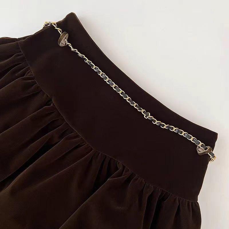 Product Introduction of Chân Váy Nhún Bèo Cạp Cao Nhung Vàng, Hàng Mới Về Mùa Thu Và Mùa Đông, Chân Váy Chữ A Chống Lộ, Có Thắt Lưng Dây Chuyền Xích Nữ Women 9