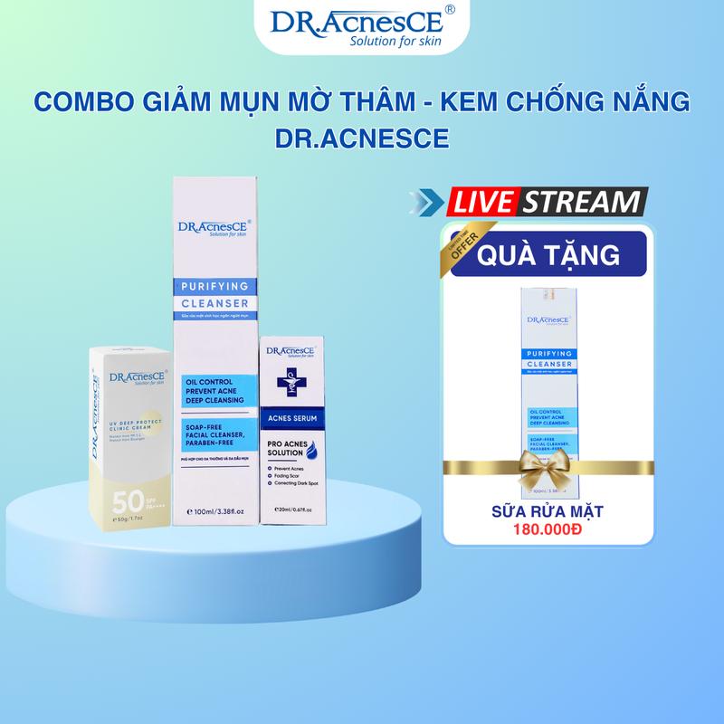 DracnesCe - Combo Giảm Mụn Mờ Thâm, Kem Chống Nắng DracnesCE - Serum Mụn Acnes 20ml, Sữa Rửa Mặt 100ml, Kem Chống Nắng 50g