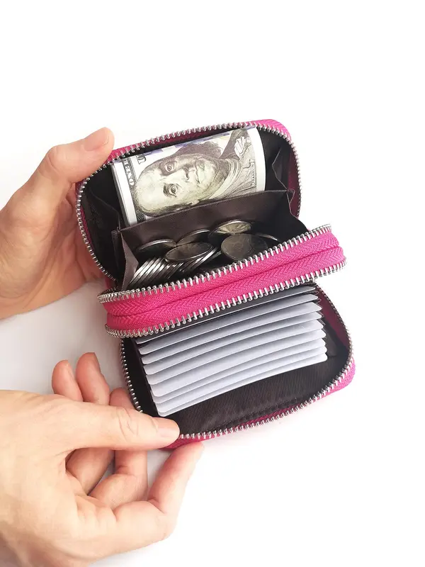Women's Genuine Leather Wallet, Solid Color Zipper Card Holder, RFID Blocking Anti-theft Short Wallet, Fashionable Multi Card Slot Card Holder for Women & Girls, Small Purse for Daily Used 4