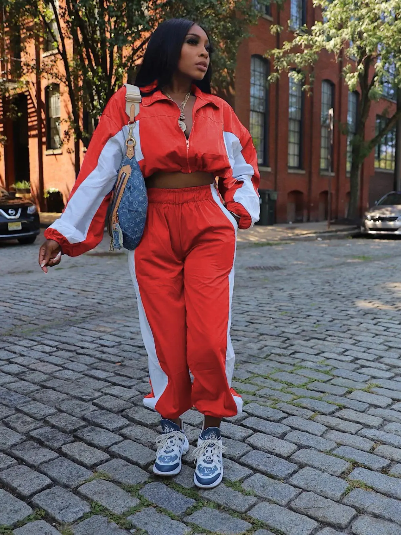 Women's Colorblock Print Zip Up Crop Jacket & Pants Two-piece Set, Casual Fashion Cozy Breathable Two Piece Outfits for Daily Outdoor Wear, Ladies Clothes for Fall & Winter