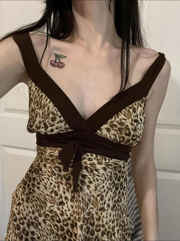Women's Leopard Print Bow Decor Contrast Binding Tank Top, Asymmetrical Hem Sleeveless Top for Summer, Fashion Women's Top for Daily Wear Valentine's Day, gift 2