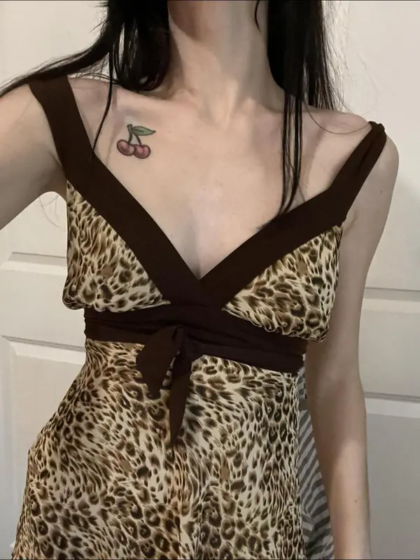 Women's Leopard Print Bow Decor Contrast Binding Tank Top, Asymmetrical Hem Sleeveless Top for Summer, Fashion Women's Top for Daily Wear Valentine's Day, gift 2