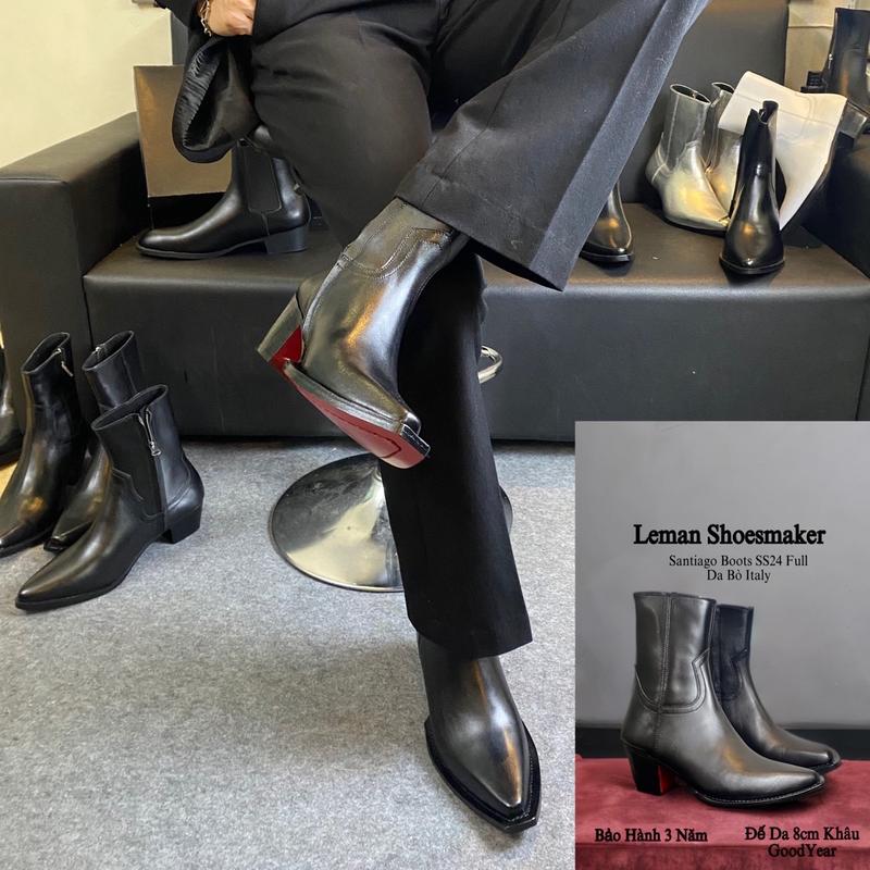 Santiago Boots Đế Da Đỏ 8cm Da Bò Ý Bảo hành 3 năm Chelsea Boot Boots Nam Jean Đồng Nhung