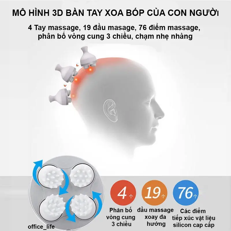 Máy massage đầu dưỡng sinh 3 chế độ, Máy mát xa cầm tay 4 đầu xoay 360 độ, Máy massage đầu mini có kèm dây sạc 6