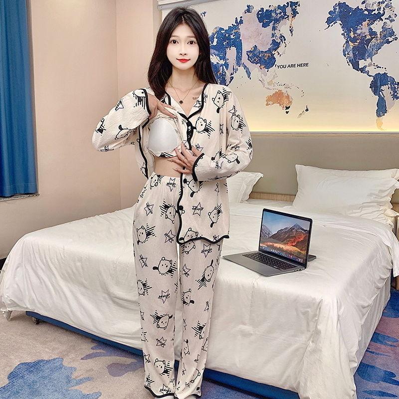 Product Introduction of Pajamas Loungewear with Chest Pads Women's Winter Cardigan Long Sleeve Long Pants Cartoon Cute Wearable Loungewear Set 3