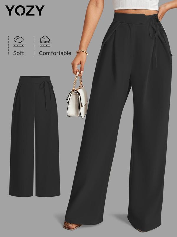 YOZY Women's Solid Plicated Tie Front Straight Leg Pants, Casual Comfy High Waist Trousers for Summer, Fashion Women's Bottoms for Daily Wear 3
