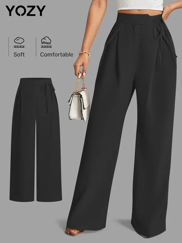 YOZY Women's Solid Plicated Tie Front Straight Leg Pants, Casual Comfy High Waist Trousers for Summer, Fashion Women's Bottoms for Daily Wear 3