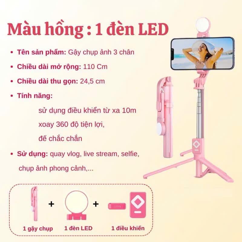Gậy chụp hình Selfie B11s đa năng phụ kiện gồm đèn led trợ sáng nút remote bluetooth điều khiển chụp ảnh xa 10m 8