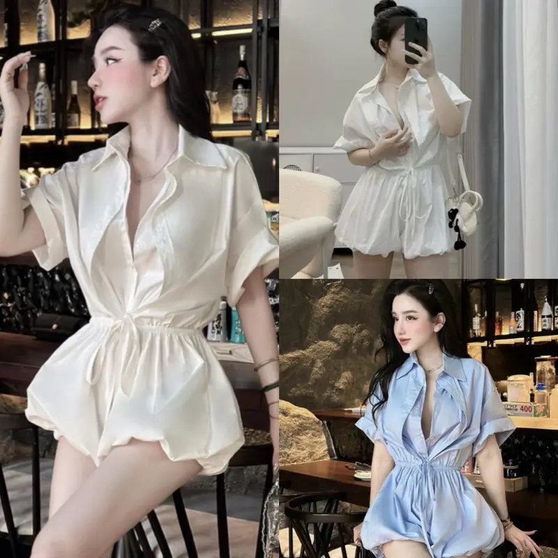 S179 ￼Set JUM Áo sơ mi tay lỡ với quần quả bí có chun eo nhẹ nhàng Nữ Women 0