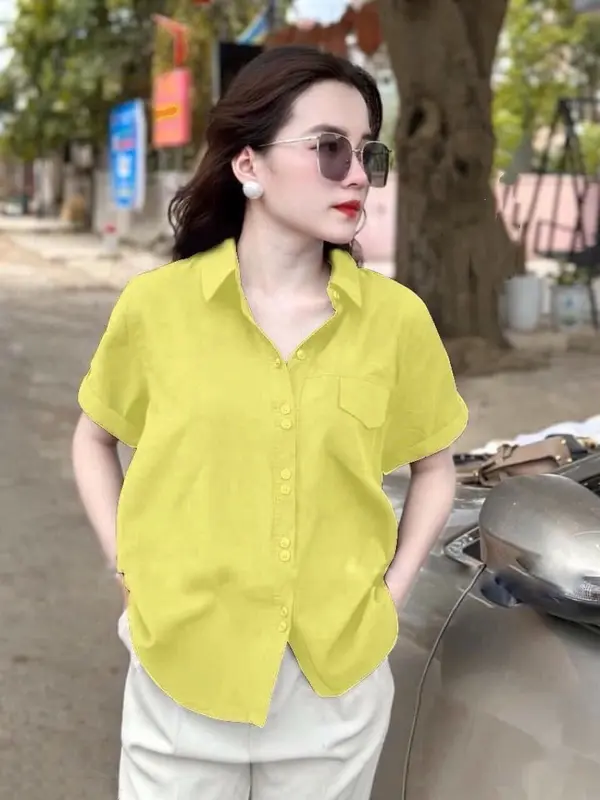 Áo Sơ Mi Cộc Tay Nữ,Chất Vải Đũi Tơ Mềm Mát Thấm Hút Mồ Hôi,kiểu Dáng Trẻ Trung Sang Trọng - V40. Women Top 1