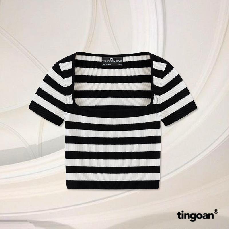  TINGOAN X TIKTOKSHOP- Áo len xù crop lửng ngắn tay cổ vuông kẻ trắng đen BORA BORA TOP BL 