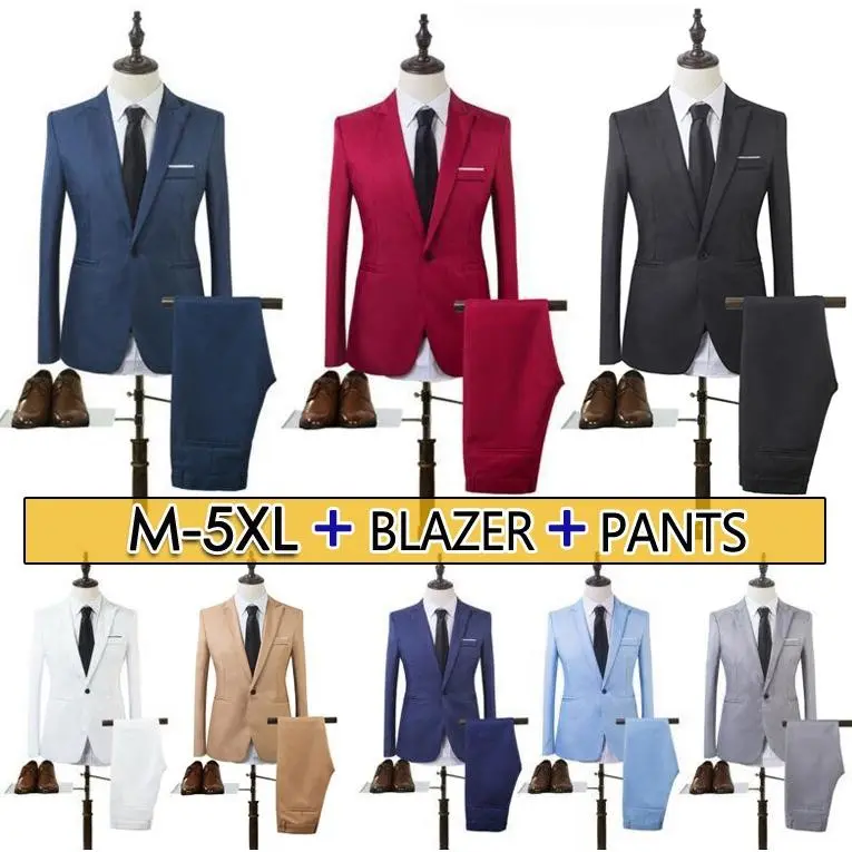 Ready Stock Men Suits Set Formal Business Wedding Casual Korean Slim Fit Blazer Office Coat Jackets Tuxedo