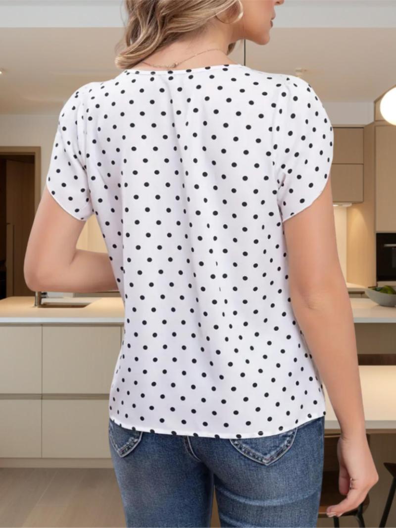Product Introduction of Women's Polka Dot Print Petal Sleeve Plicated Blouse, Casual Short Sleeve Round Neck Top for Summer, Ladies Clothes for Daily Wear 13
