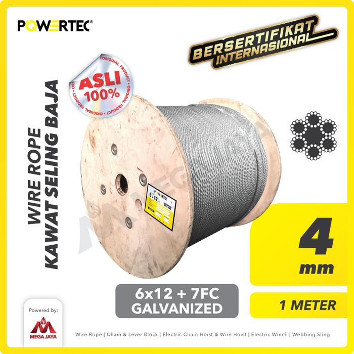Promo POWERTEC Wire Rope / Kawat Seling Baja 6x12 7FC 4mm Galv - 1 ...