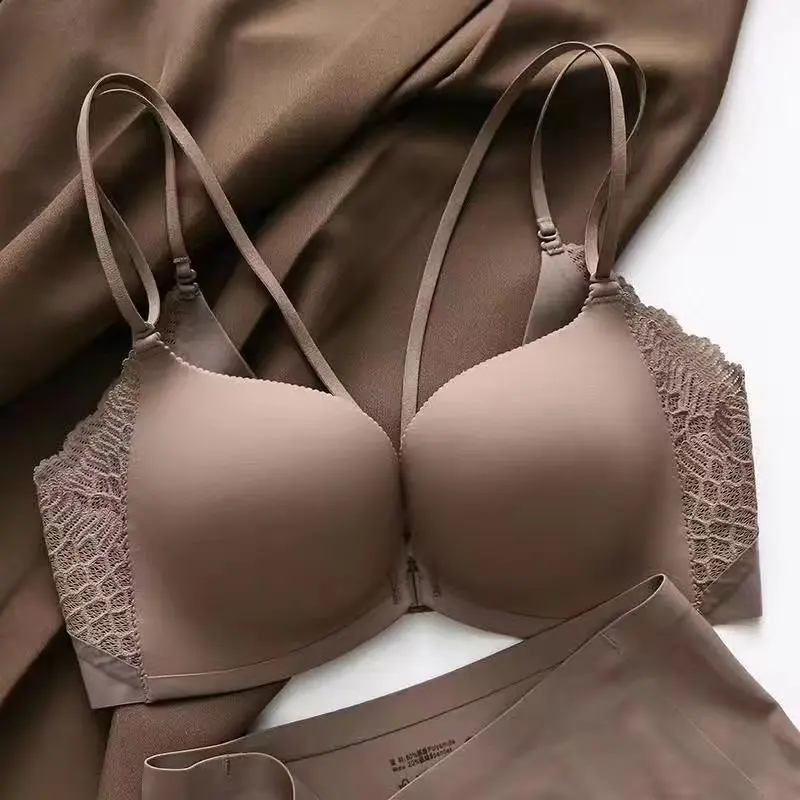 Women, underwear set, sizes 32-38B Cup, Japan beautiful back button bra set, no steel ring underwear, women gathered small breasts show big, thickened flat chest, no mark bra