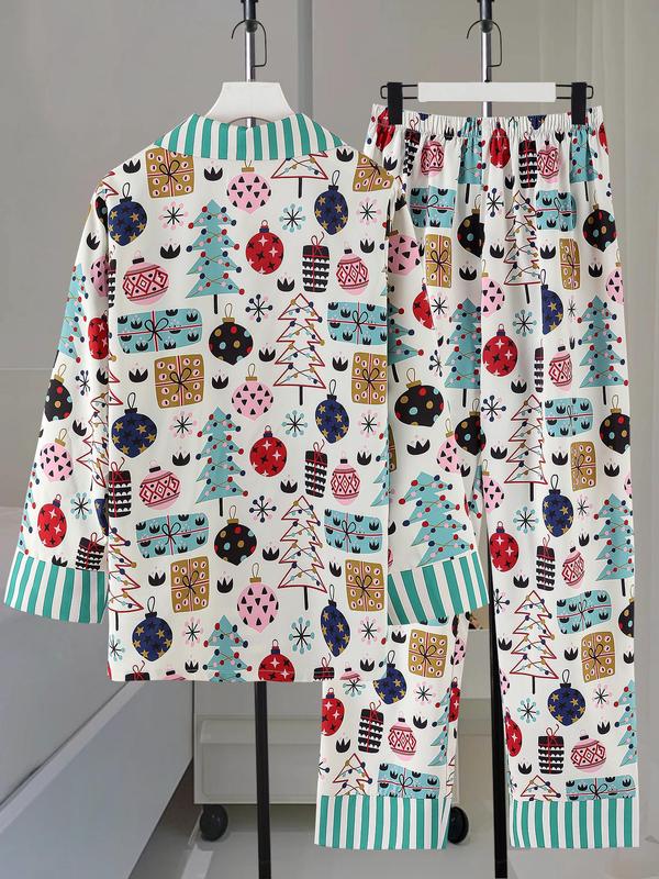 Women's All Over Cartoon Print Loungewear Set, Fashion Lapel Collar Button Front Blouse & Elastic Waist PJ Pants, Women's Sleepwear for Fall, Valentine's Day Gift for Girl 8