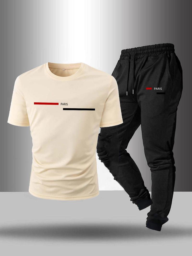 Product Introduction of Men's Letter Print Tee & Drawstring Waist Pants Two-piece Set, Regular Fit Round Neck Short Sleeve T-shirt & Trousers, Casual Clothes for Summer 3