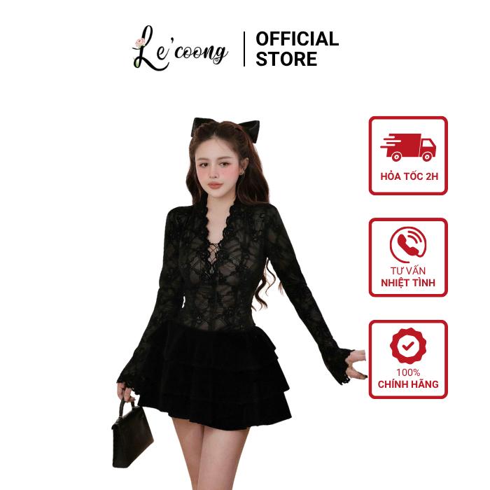  Váy Tiểu Thư Ren Lưới Hoa Cổ V Đan Dây LECOONG V832 Đầm Đẹp Phối Váy Nhung Xếp Tầng Sang Chảnh 