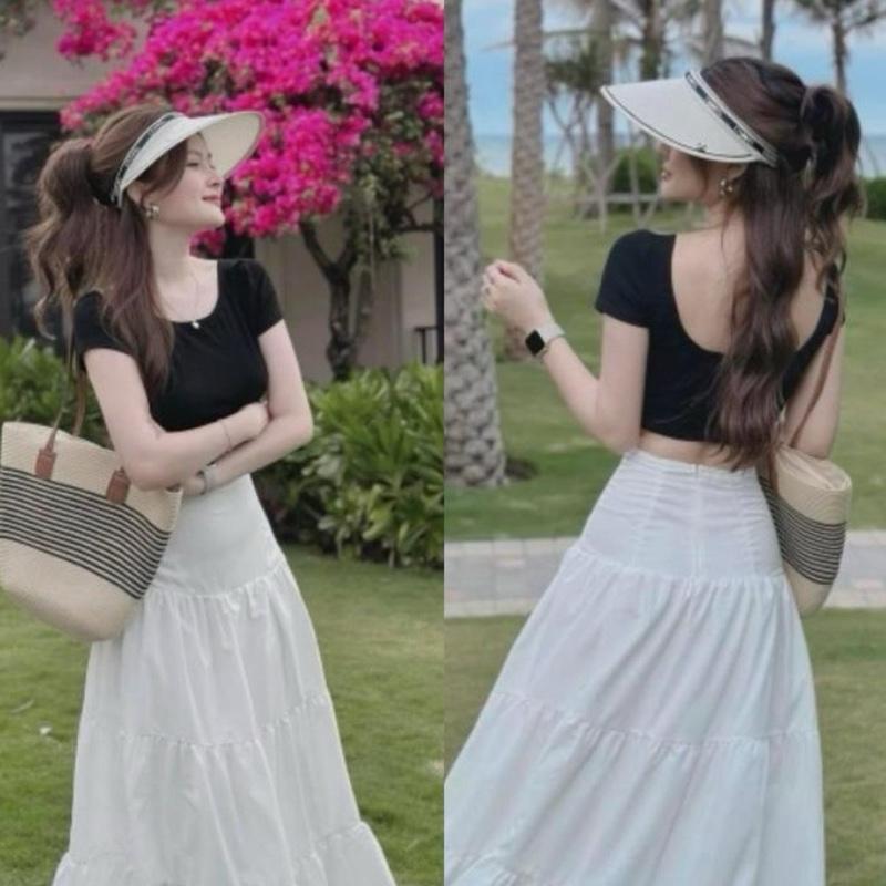 Set áo zip co giãn hở lưng mix chân váy thô mềm mặc đi chơi đi di lịch