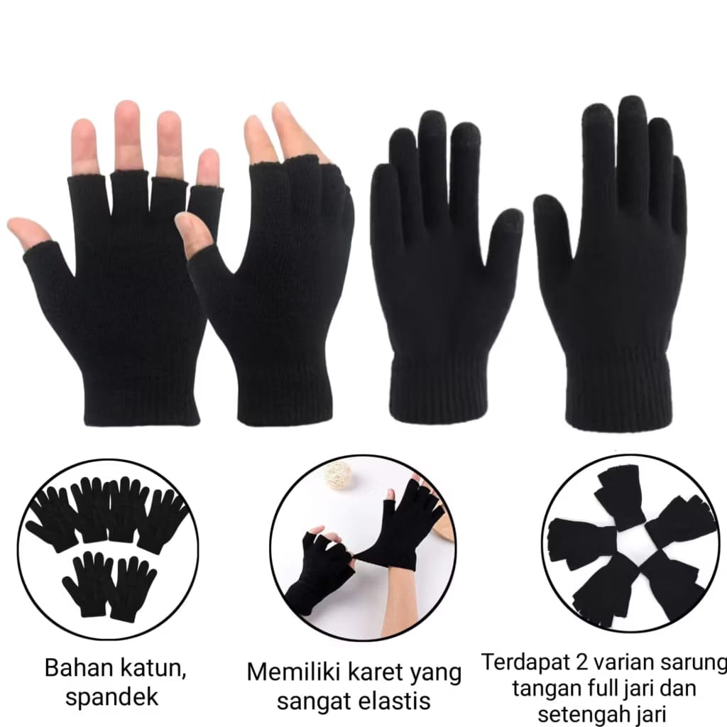 Sarung Tangan Hitam Rajut Dewasa Unisex Aksesoris Elegan Gloves