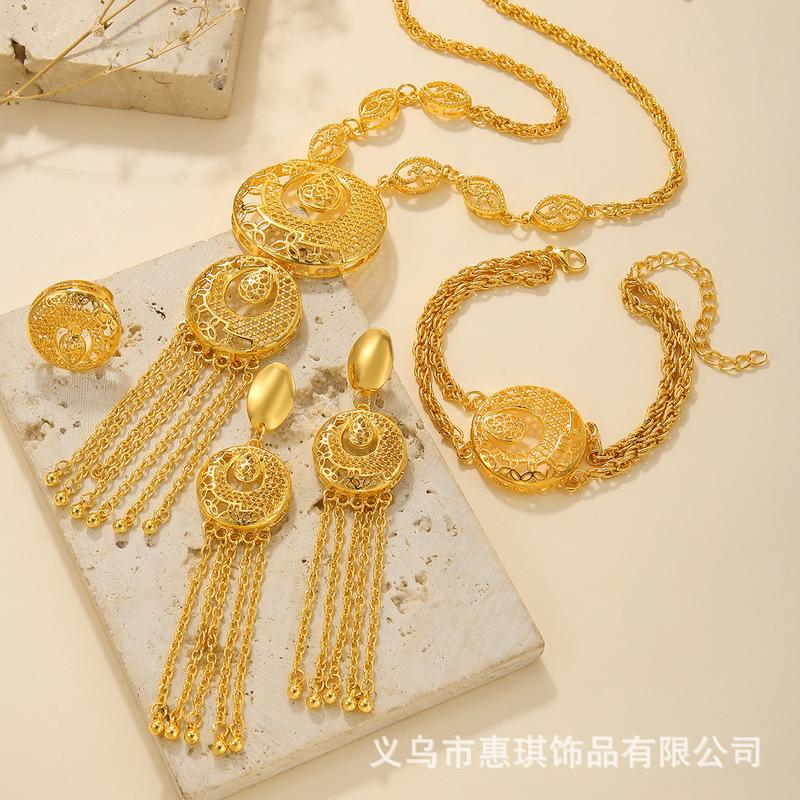 Product Introduction of 24k Gold Plated Necklace Bracelet Earrings Ring Jewelry Set for Bride Women's Accessories Four-piece Set 3
