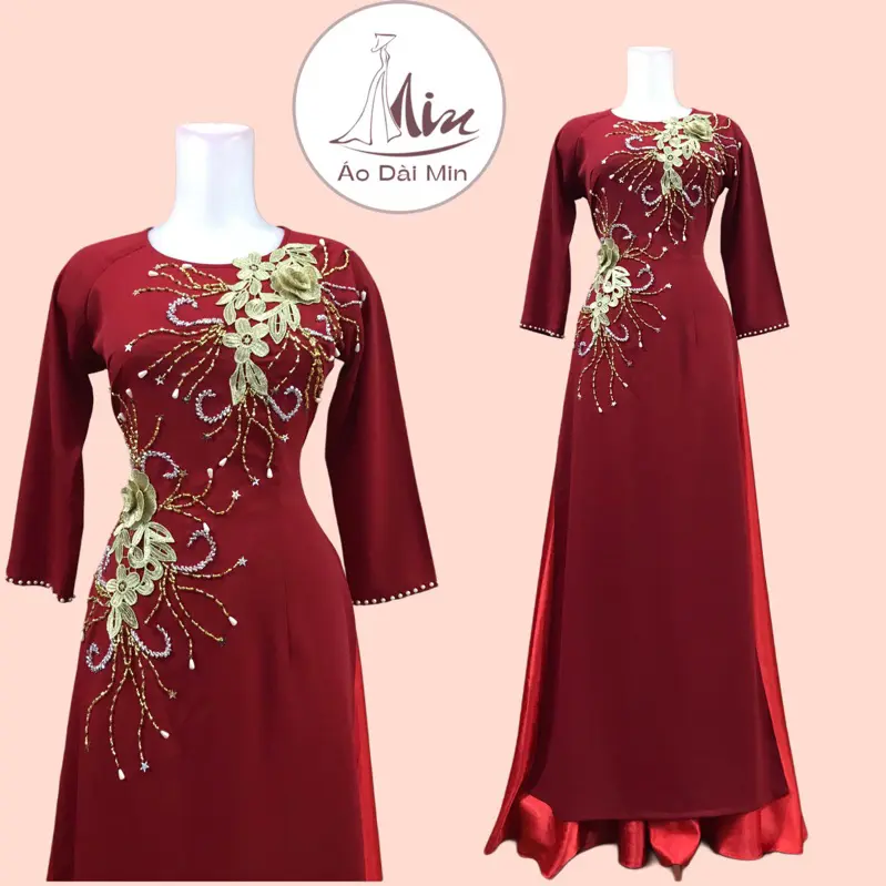 Áo Dài Mẹ Đỏ Đô Cổ Tròn Tay Lỡ Đính Hoa Ren Trên Thân Thủ Công Sang Chảnh Chất Lụa Thái Dài Dặn Mềm Mại M09
