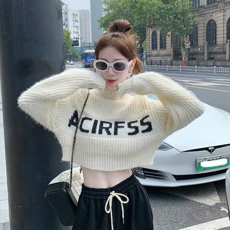 Sẵn ÁO LEN LÔNG THỎ CHỮ CỔ CAO TAY DÀI DÁNG CROPTOP Áo len chữ nhiều mau Nữ Women Voi khoác Đen