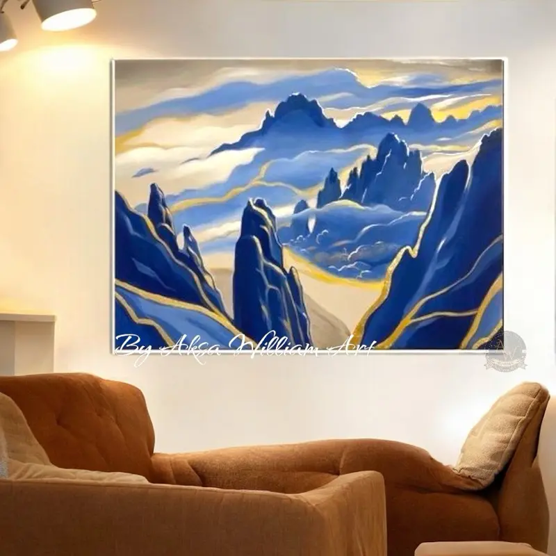 lukisan abstrak mountain blue and gold