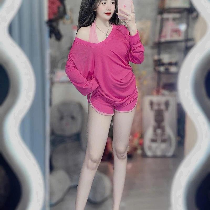 Sét bộ 3 món áo tay dài quần đùi chính chủ hình thật dưới 60kg Nữ Women Top Thun Tre Nhung 2