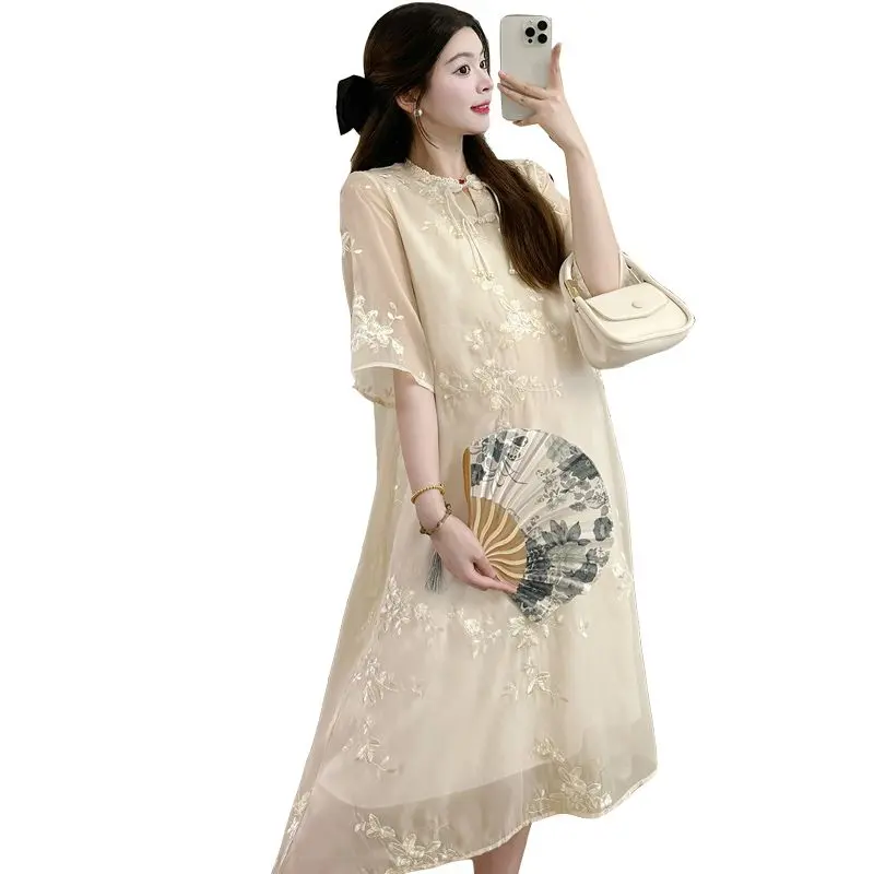 Váy Bà Bầu Mùa Hè, Phong Cách Trung Quốc Mới, Thêu Máy, Cải Tiến, Trên Đầu Gối, Nhẹ, Thoáng Khí Và Rộng Rãi, Cho Phụ Nữ Mang Thai Váy Bầu Đầm Bầu 4