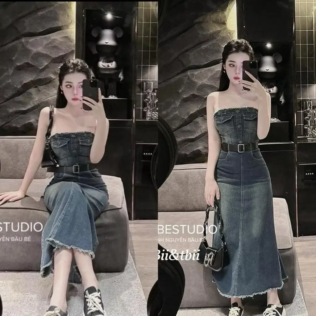 ￼ Đầm jeans quây túi nắp kèm dây nịch Đầm jeans dáng dài